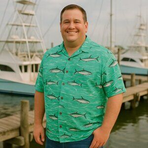 Ocean Coast Mens Shirt Fish & Sharks  SZ. XXL Sht. Sleeve Green #M1392